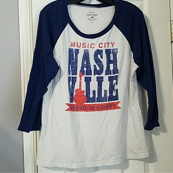 Sportiqe Tops - SPORTIQE 🎸 DISTRESSED WHITE/BLUE COTTON NASHVILLE BASEBALL TSHIRT Women XXL 2X